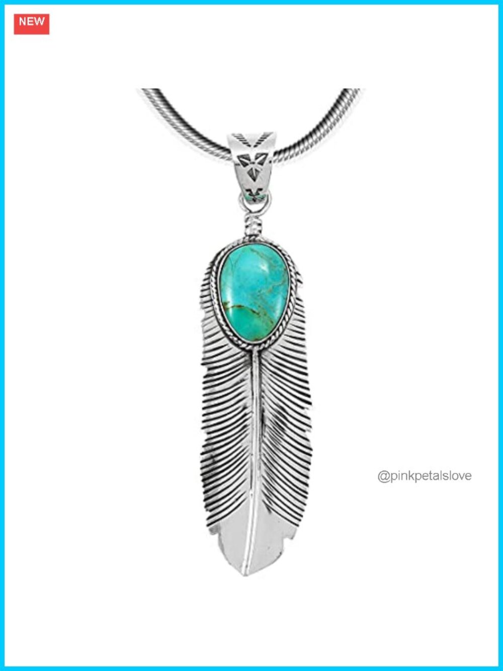 Turquoise Feather Pendant Necklace Sterling Silver 925 Genuine Gemstones 20 Inch